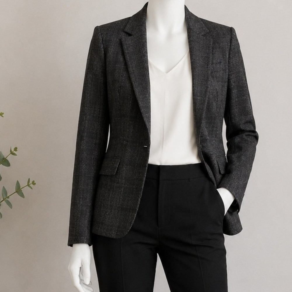 Ann Taylor LOFT Womens Blazer Charcoal Gray Herringbone Wool Blend 0P - Picture 1 of 5
